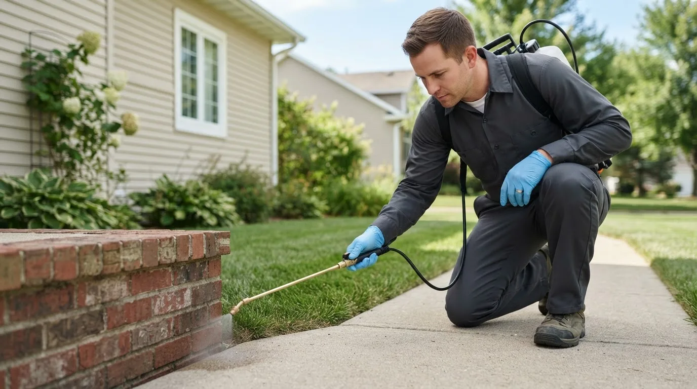 Pest control technician treating a home near Cass Lake, MN